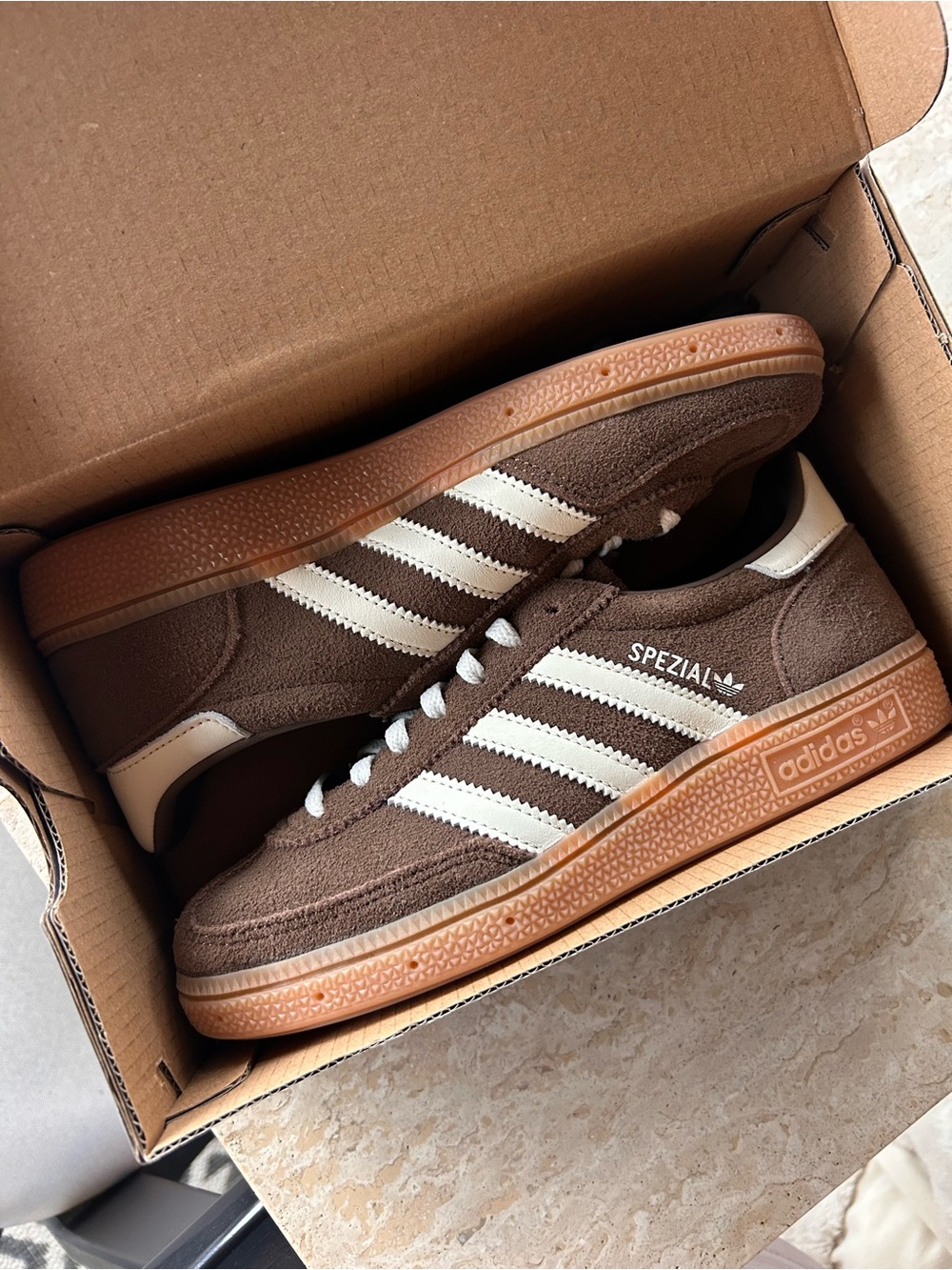 adidas Spezial Brown Suede Sneakers with White Stripes and Gum Sole